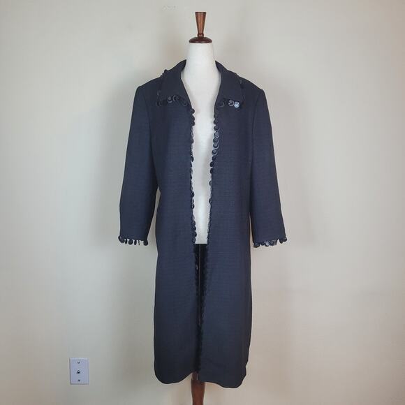 Escada Coat DE42 Large Black Tweed Wool Blend Sequin Trim Duster Long Jacket - Picture 1 of 12